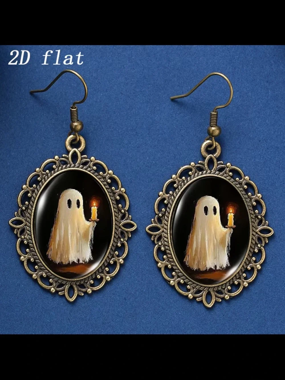Antique Bronze Ghost Drop Earrings - White Ghost with Candle